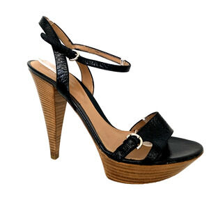 Sergio Rossi Sandal Black Patent Leather Platform Wood Slim Heel Open Toe 41 10